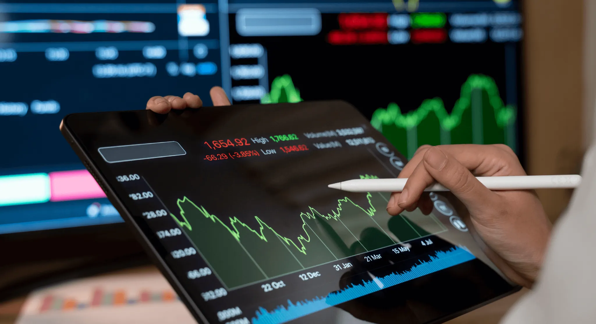 Trading tablet interface showing market chart